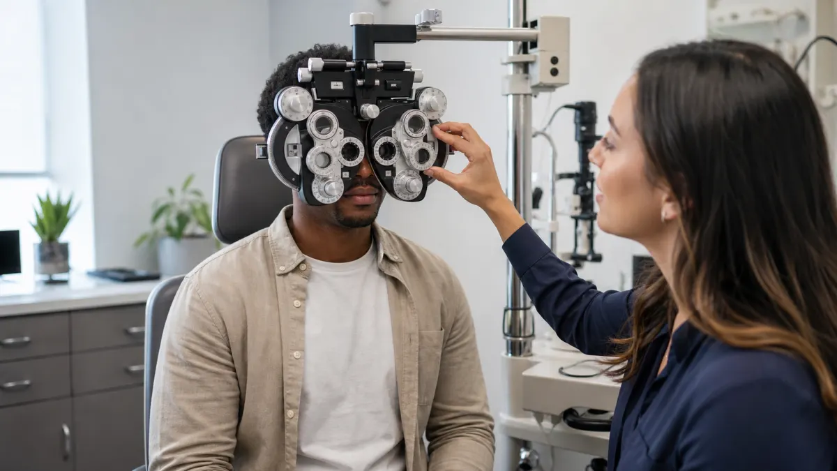 Adult patient having a glasses prescription measured by an optometrist in a North York eye clinic