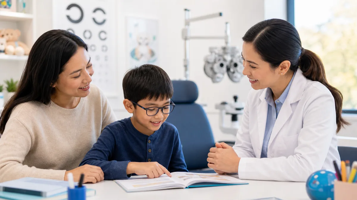Child wearing glasses reading with a parent after an eye exam
