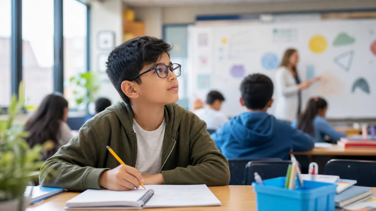School-age child wearing glasses while looking from a classroom board to a notebook in North York