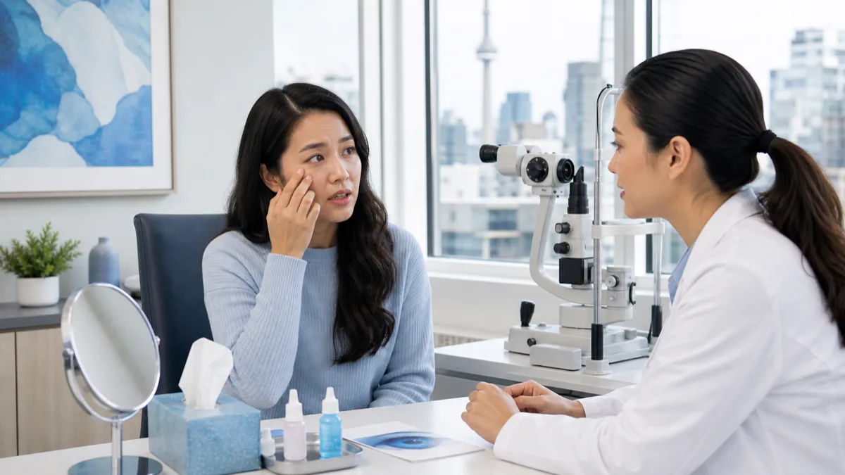 Patient discussing dry eye symptoms with an optometrist in a bright clinic