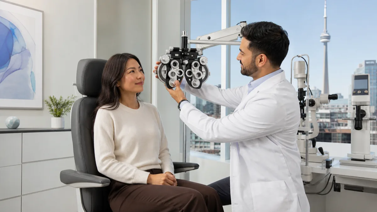 Patient receiving a comprehensive eye exam in a modern Toronto optometry clinic