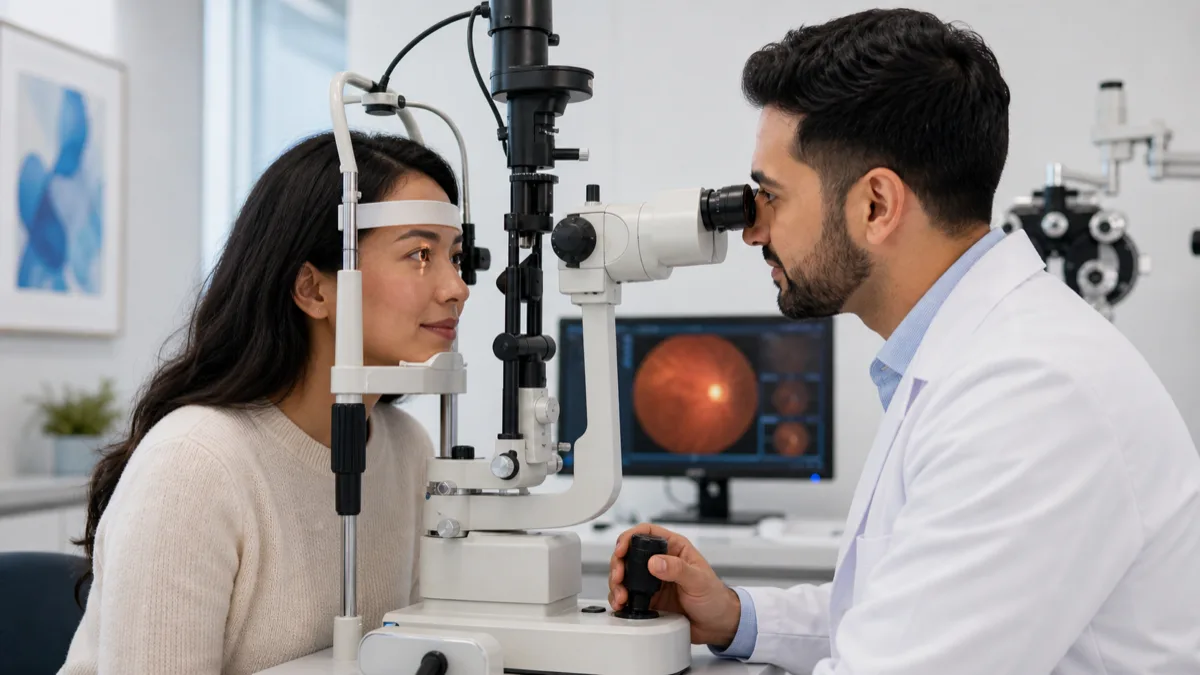 Optometrist performing glaucoma screening with diagnostic equipment