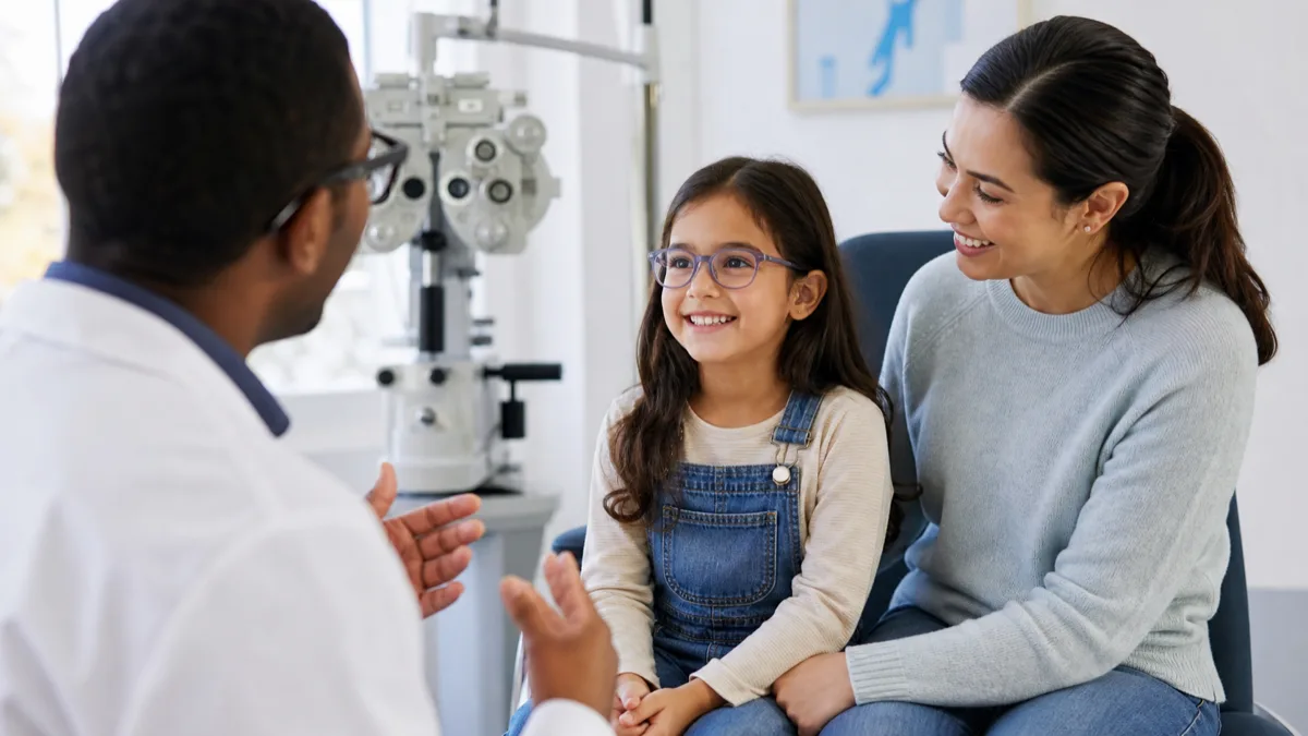 Child wearing glasses with a parent during a myopia management consultation