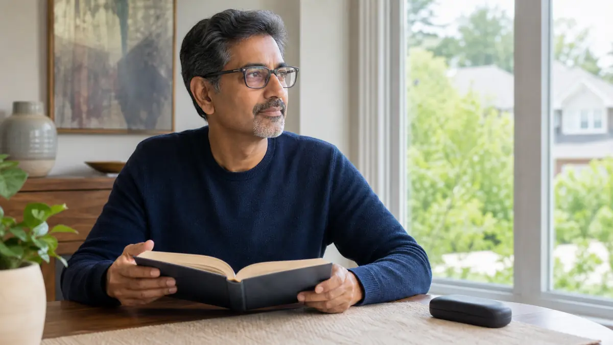 North York adult wearing new glasses and shifting focus from a book to the distance