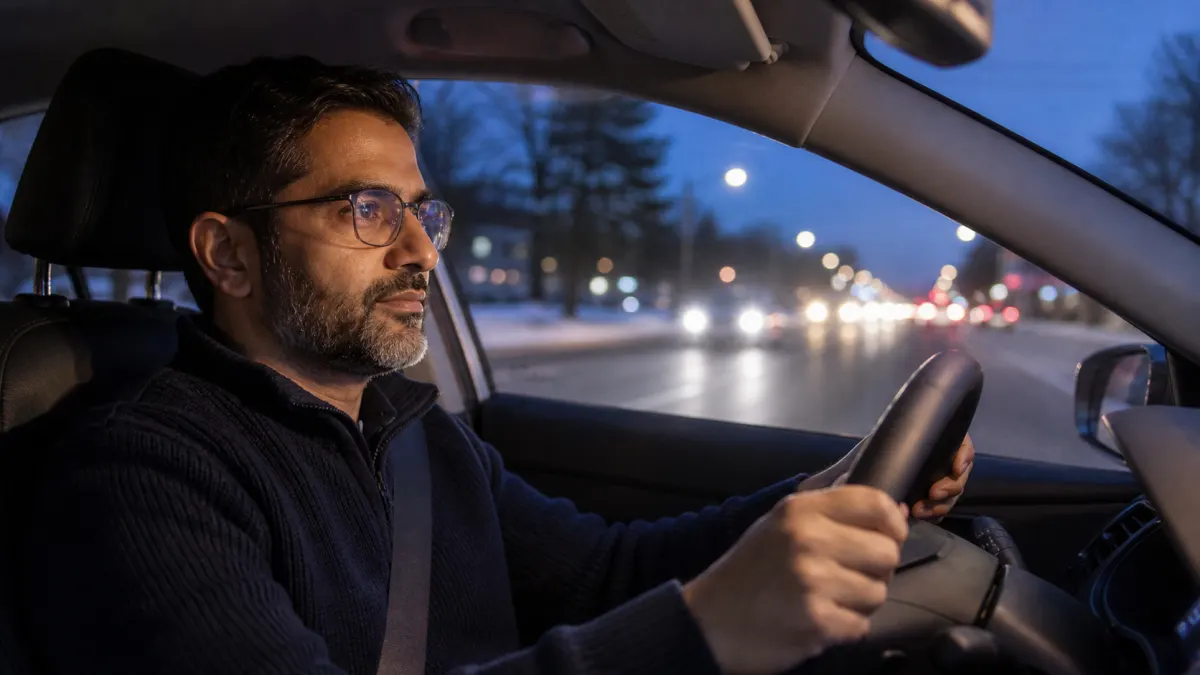 Adult wearing glasses while driving attentively at dusk on a North York street