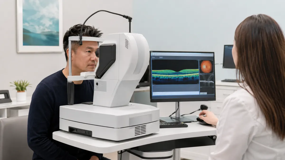 North York patient having an OCT retinal scan while an optometrist reviews the image