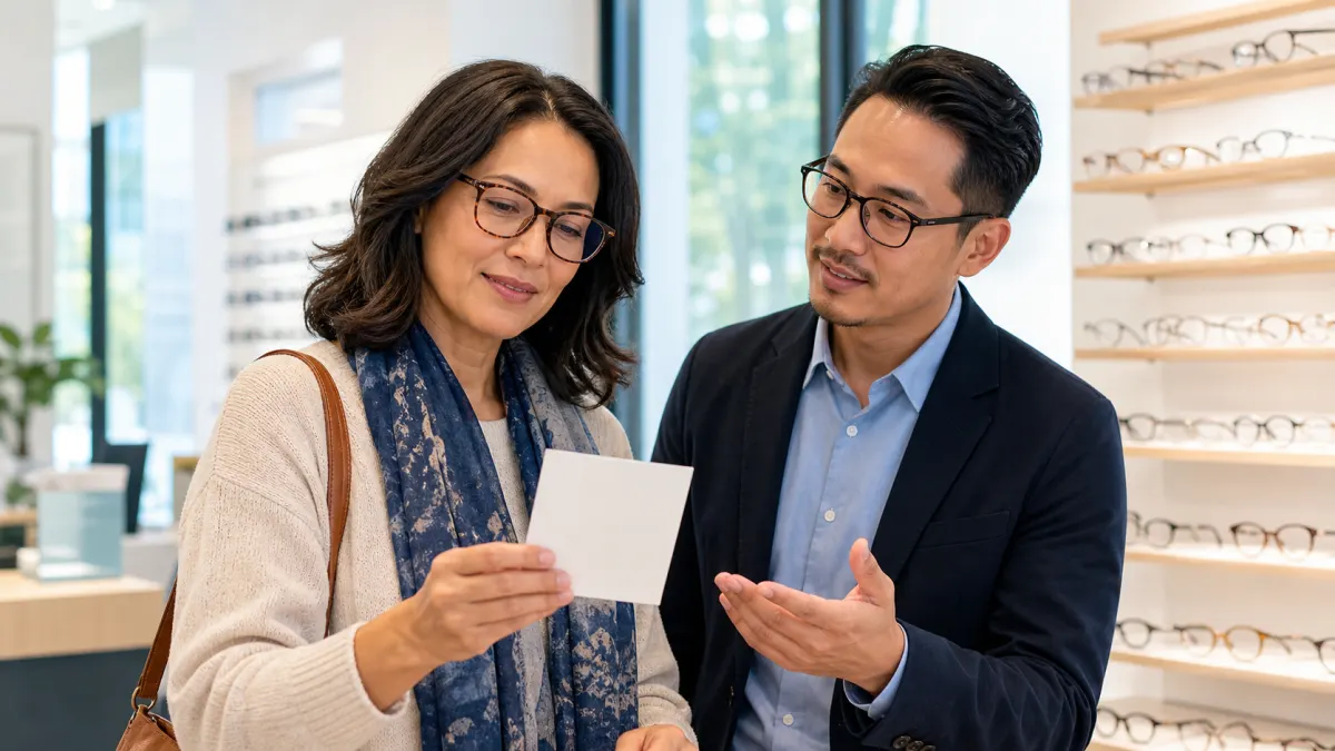 Adult choosing reading glasses with professional guidance at a North York optical clinic