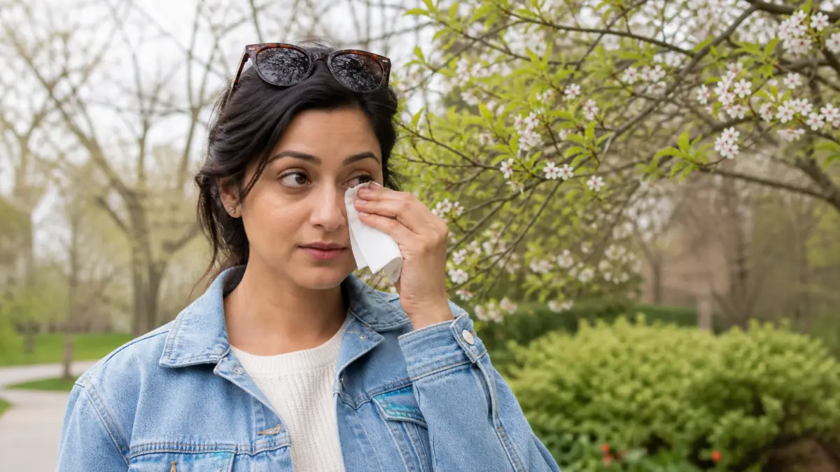 Adult gently dabbing a watery eye with a tissue near spring blossoms in North York