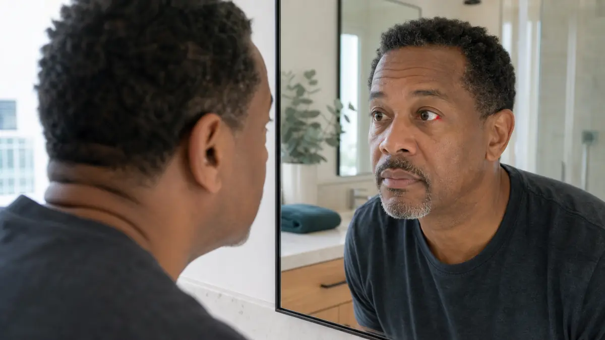 North York adult calmly noticing a small broken blood vessel on the white of one eye in a mirror